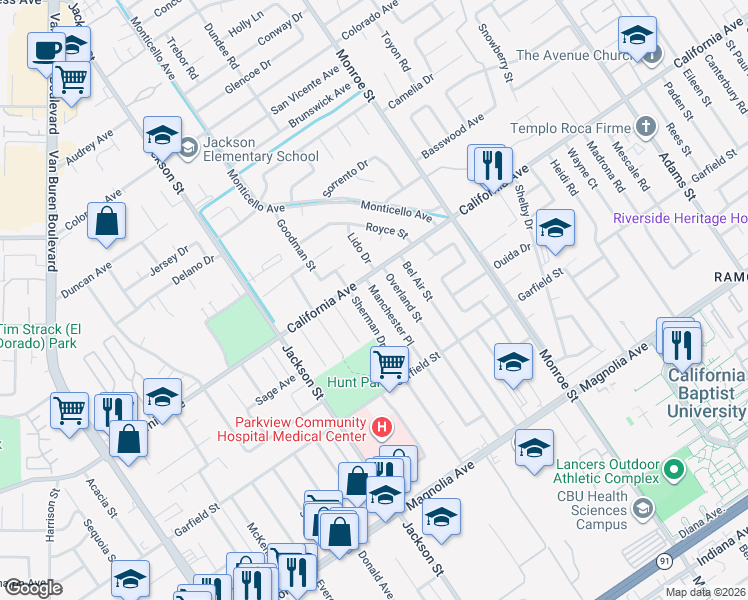 map of restaurants, bars, coffee shops, grocery stores, and more near 4118 Manchester Place in Riverside