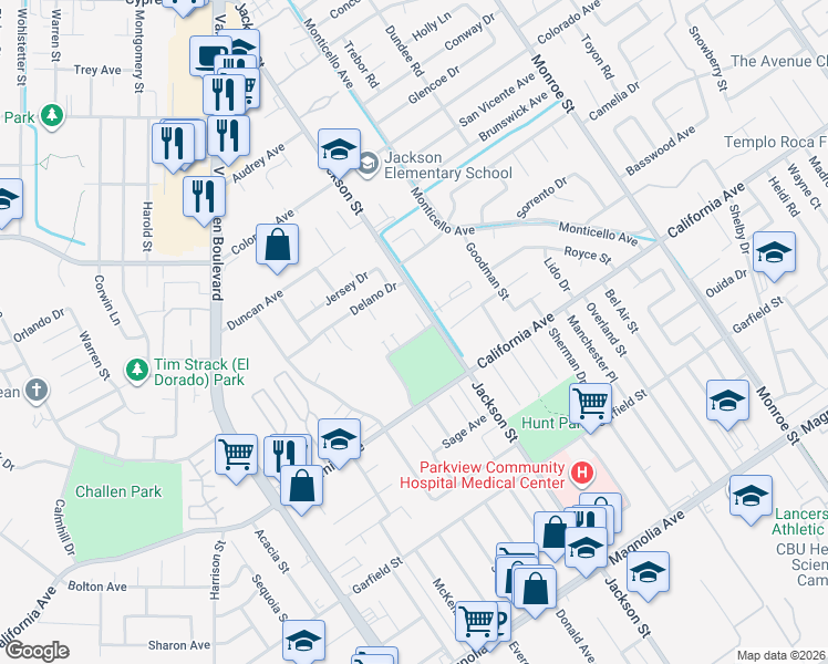 map of restaurants, bars, coffee shops, grocery stores, and more near 9217 Admiralty Avenue in Riverside
