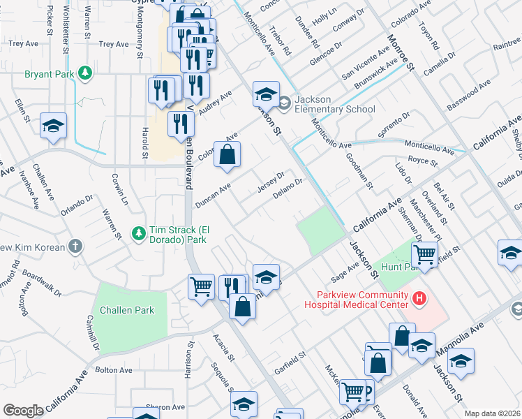 map of restaurants, bars, coffee shops, grocery stores, and more near 9282 Delano Drive in Riverside