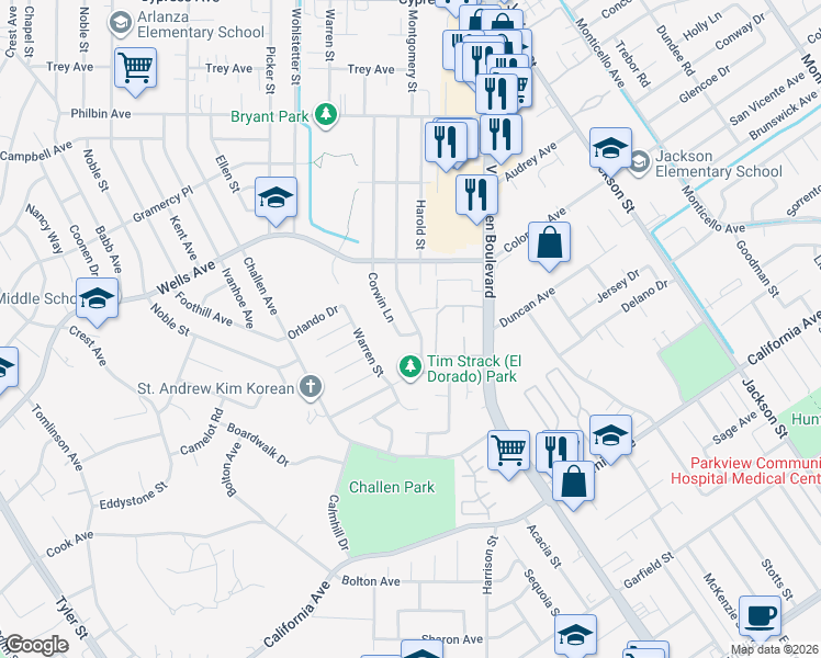map of restaurants, bars, coffee shops, grocery stores, and more near 7735 Solvang Place in Riverside