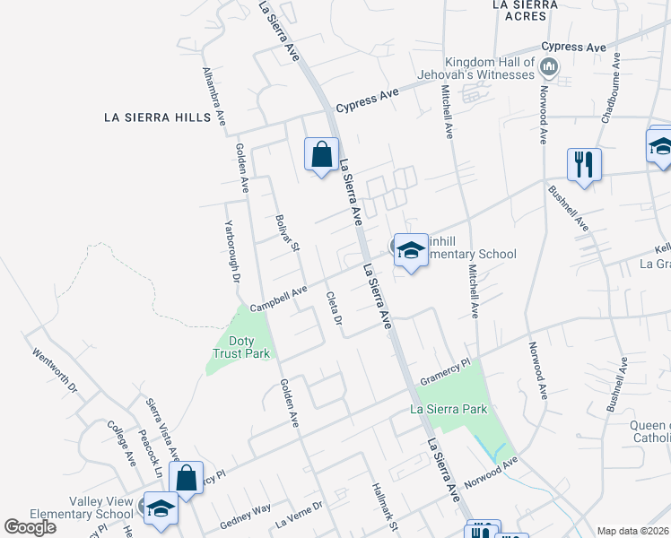map of restaurants, bars, coffee shops, grocery stores, and more near 11141 Oriole Drive in Riverside