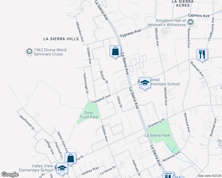 map of restaurants, bars, coffee shops, grocery stores, and more near 5601 Bolivar Street in Riverside