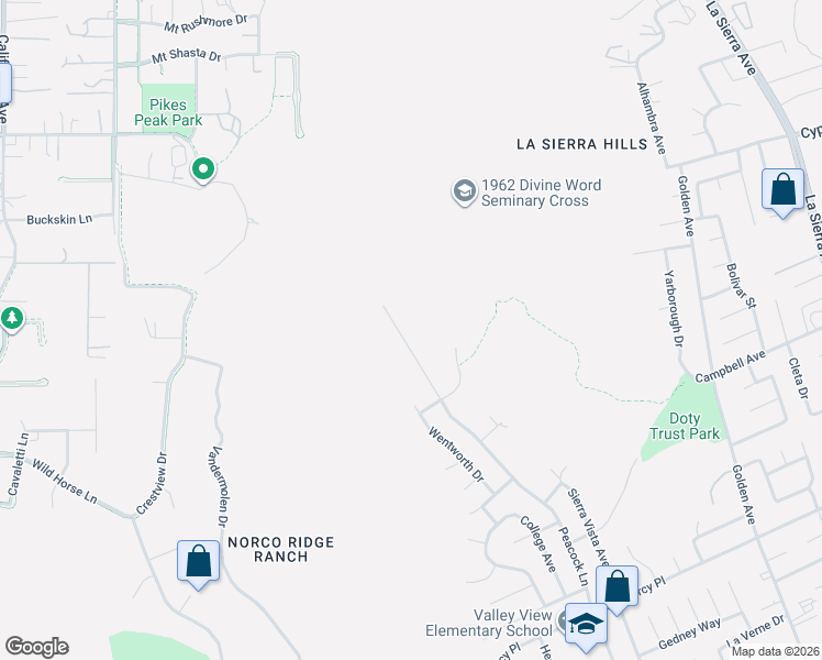 map of restaurants, bars, coffee shops, grocery stores, and more near 5661 Peacock Lane in Riverside