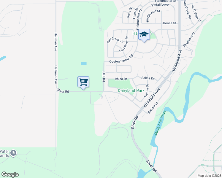 map of restaurants, bars, coffee shops, grocery stores, and more near 14644 Alpaca Court in Eastvale