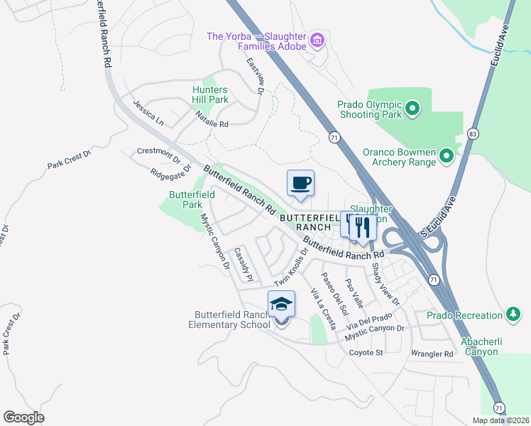 map of restaurants, bars, coffee shops, grocery stores, and more near 6229 Woodbridge Street in Chino Hills