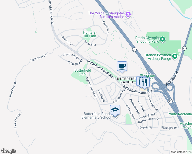 map of restaurants, bars, coffee shops, grocery stores, and more near 6168 Woodbridge Street in Chino Hills