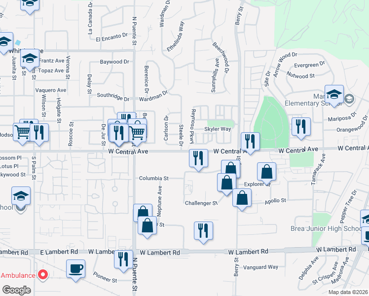 map of restaurants, bars, coffee shops, grocery stores, and more near in Brea