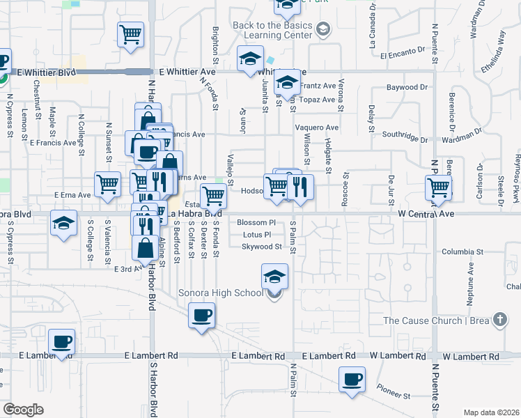 map of restaurants, bars, coffee shops, grocery stores, and more near 1921 Blossom Place in Brea