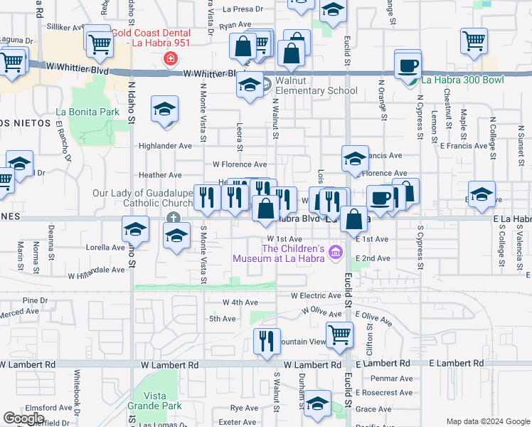 map of restaurants, bars, coffee shops, grocery stores, and more near 522 West La Habra Boulevard in La Habra