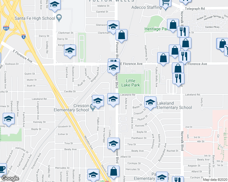 map of restaurants, bars, coffee shops, grocery stores, and more near 11004 Pioneer Boulevard in Norwalk