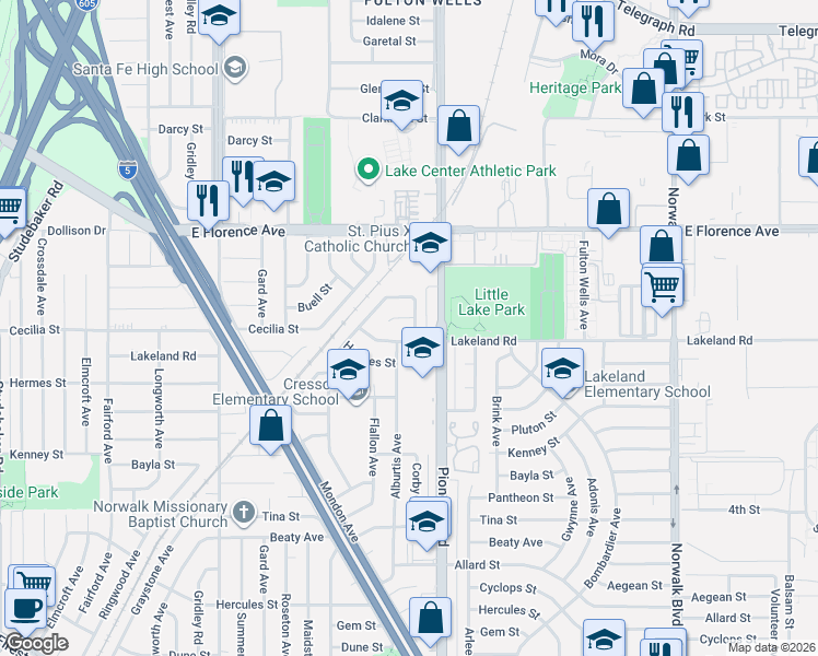 map of restaurants, bars, coffee shops, grocery stores, and more near 11712 Lakeland Road in Norwalk