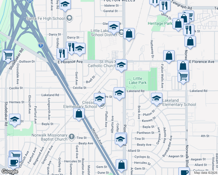 map of restaurants, bars, coffee shops, grocery stores, and more near 11626 Lakeland Road in Norwalk