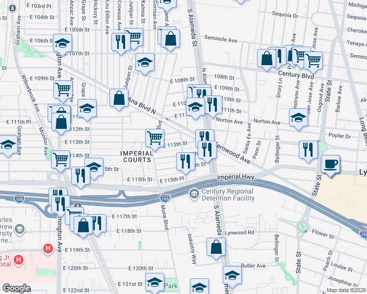 map of restaurants, bars, coffee shops, grocery stores, and more near 2457 East 114th Street in Los Angeles