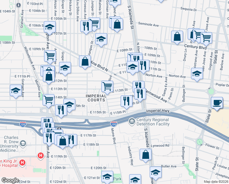 map of restaurants, bars, coffee shops, grocery stores, and more near 2419 East 114th Street in Los Angeles