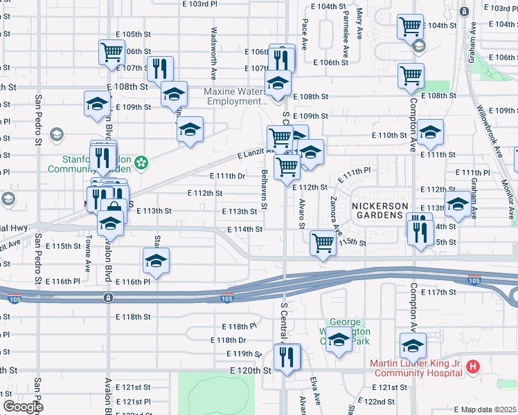 map of restaurants, bars, coffee shops, grocery stores, and more near 11309 Belhaven Street in Los Angeles