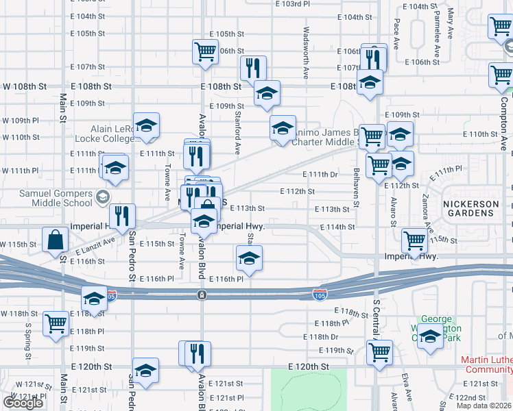 map of restaurants, bars, coffee shops, grocery stores, and more near 721 East Imperial Highway in Los Angeles