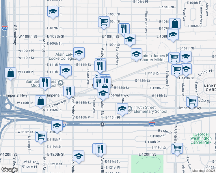 map of restaurants, bars, coffee shops, grocery stores, and more near 611 East Imperial Highway in Los Angeles