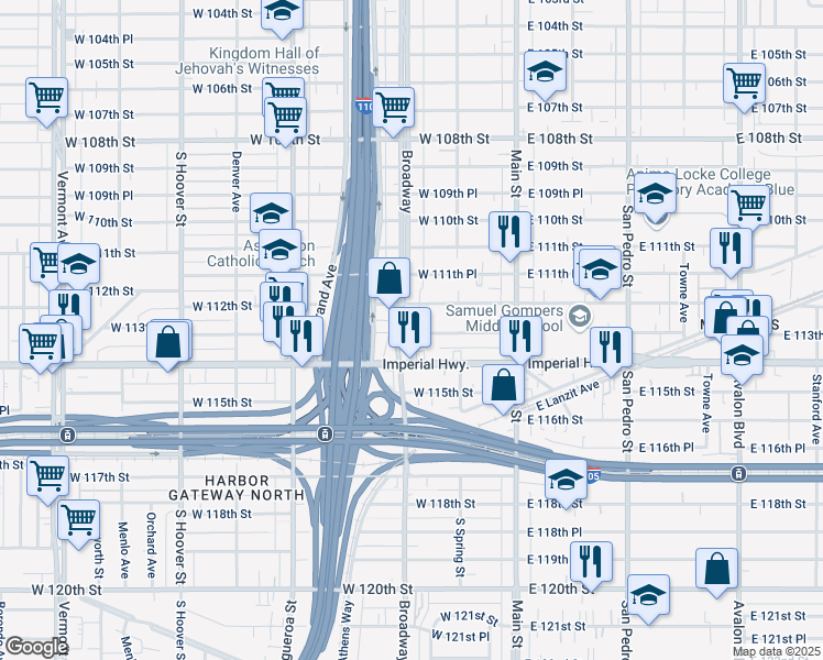 map of restaurants, bars, coffee shops, grocery stores, and more near 251 West Imperial Highway in Los Angeles