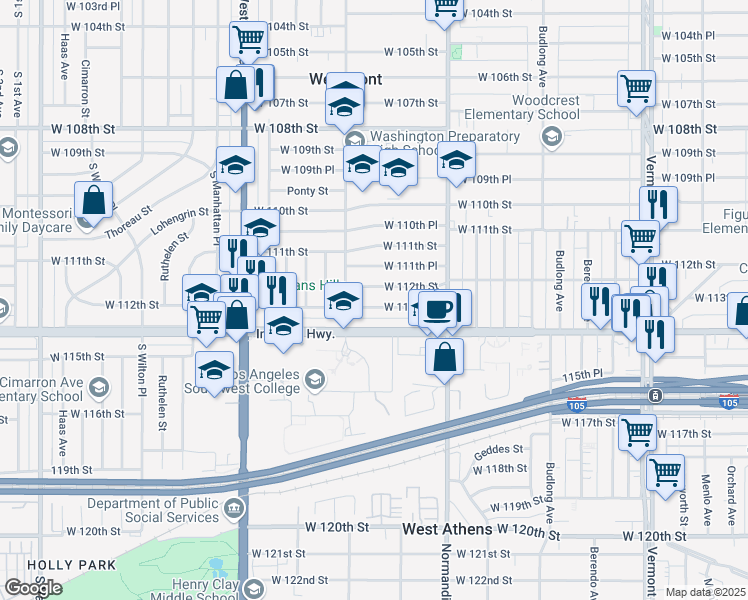 map of restaurants, bars, coffee shops, grocery stores, and more near 1536 West 113th Street in Los Angeles