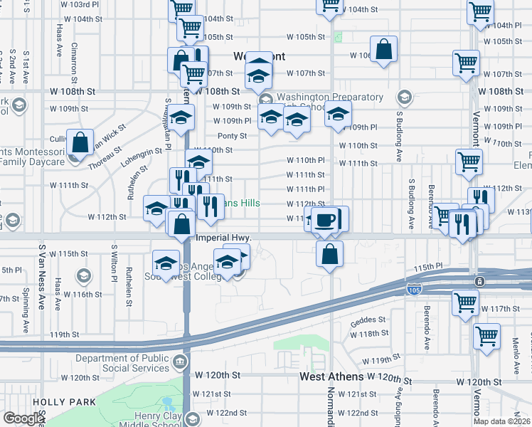 map of restaurants, bars, coffee shops, grocery stores, and more near 1602 West 113th Street in Los Angeles