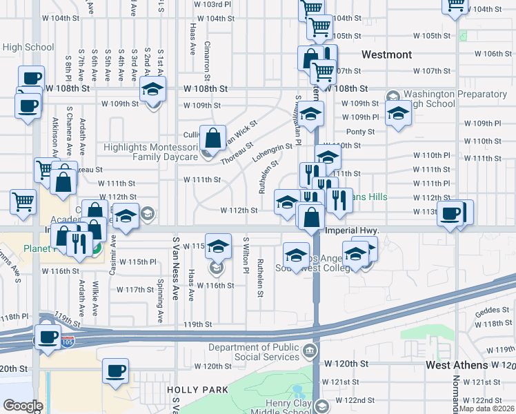 map of restaurants, bars, coffee shops, grocery stores, and more near 1935 West Imperial Highway in Los Angeles