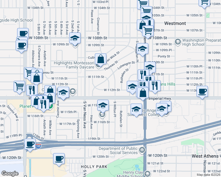 map of restaurants, bars, coffee shops, grocery stores, and more near 2013 West Imperial Highway in Los Angeles