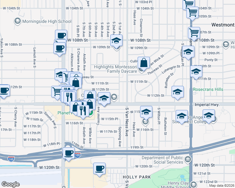 map of restaurants, bars, coffee shops, grocery stores, and more near 11228 Spinning Avenue in Inglewood