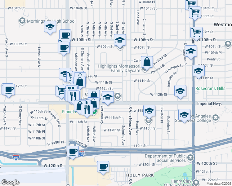 map of restaurants, bars, coffee shops, grocery stores, and more near 2333 West Imperial Highway in Inglewood