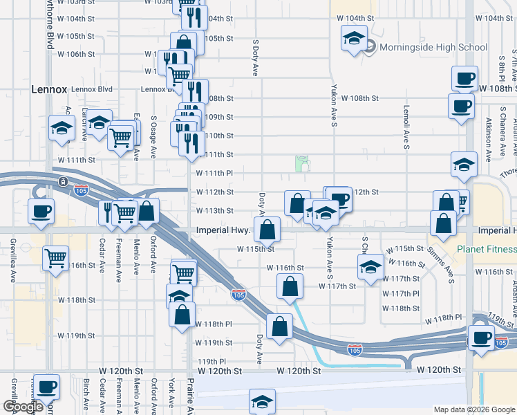 map of restaurants, bars, coffee shops, grocery stores, and more near 11309 Doty Avenue in Inglewood