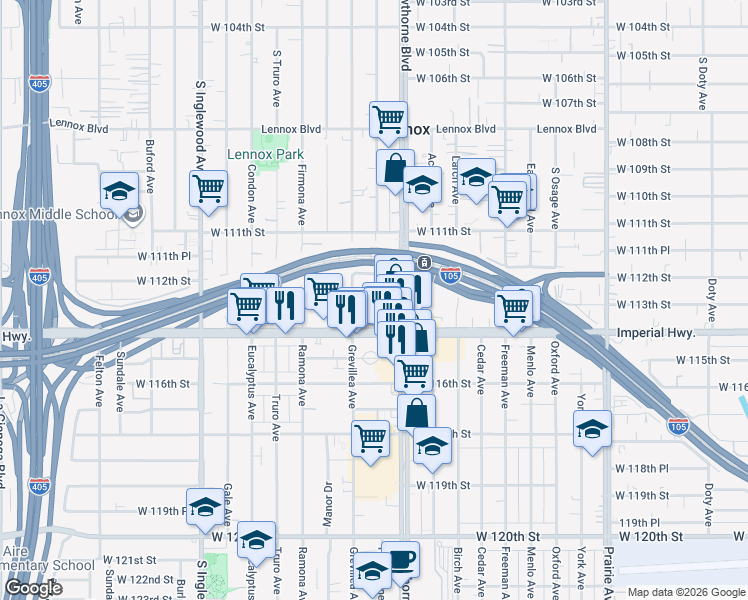 map of restaurants, bars, coffee shops, grocery stores, and more near 11318 Grevillea Avenue in Inglewood
