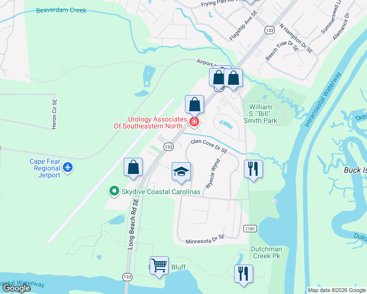 map of restaurants, bars, coffee shops, grocery stores, and more near 5012 Glen Cove Drive Southeast in Southport