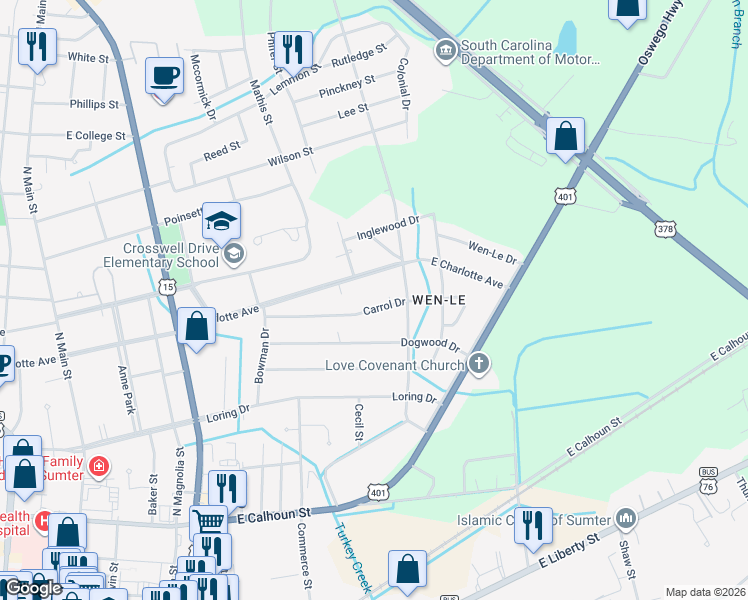 map of restaurants, bars, coffee shops, grocery stores, and more near 64 Carrol Drive in Sumter