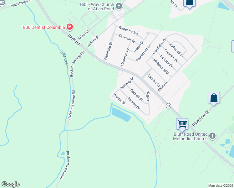 map of restaurants, bars, coffee shops, grocery stores, and more near 4513 Wactor Street in Columbia