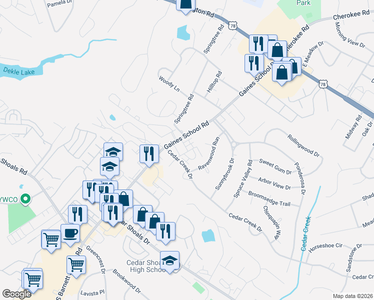map of restaurants, bars, coffee shops, grocery stores, and more near 278 Cedar Pointe Drive in Athens