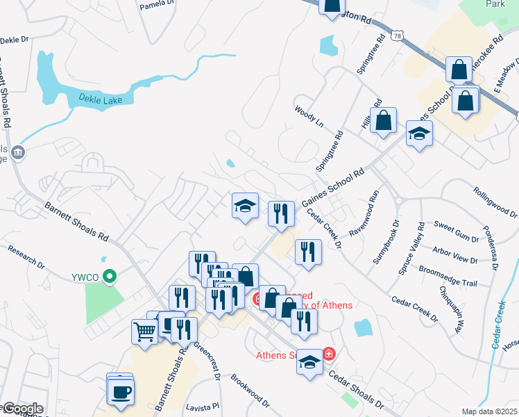 map of restaurants, bars, coffee shops, grocery stores, and more near 780 Gaines School Road in Athens
