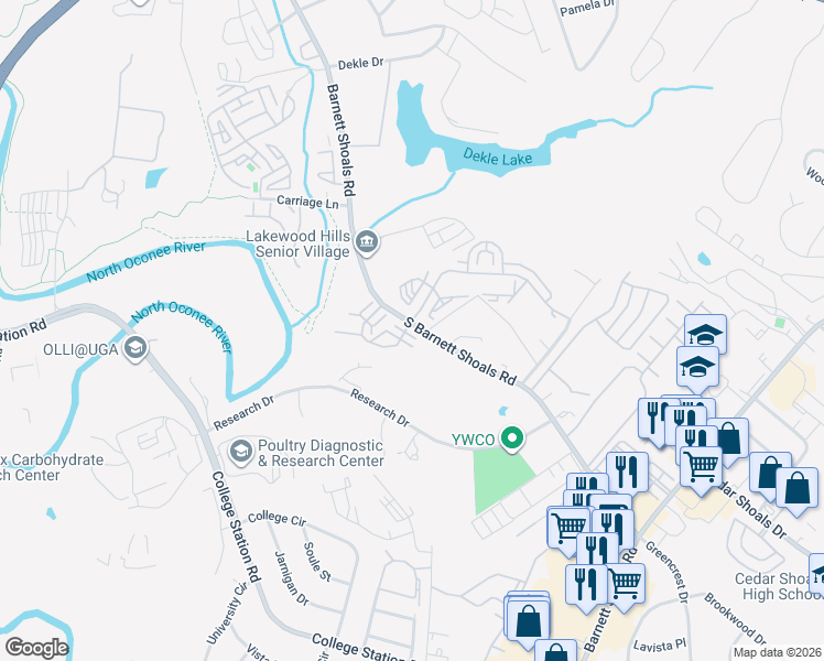 map of restaurants, bars, coffee shops, grocery stores, and more near 1130 South Barnett Shoals Road in Athens