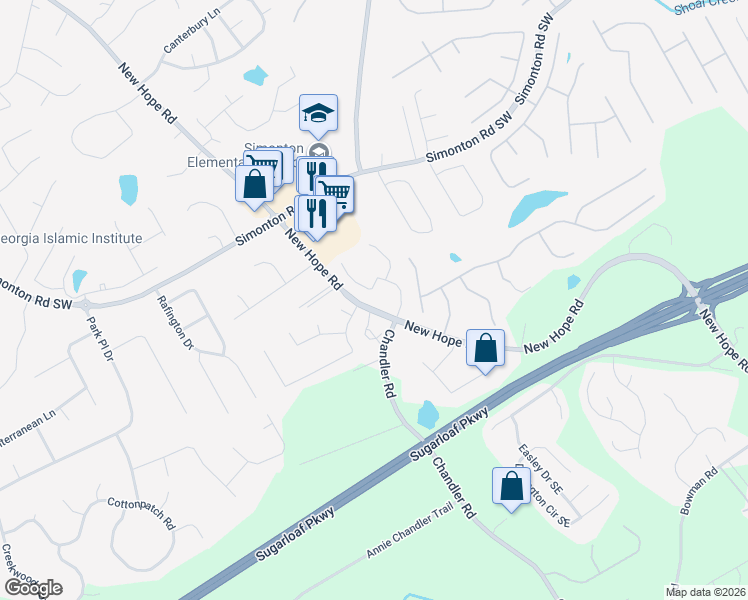 map of restaurants, bars, coffee shops, grocery stores, and more near 1345 Chandler Ridge Drive Southeast in Lawrenceville