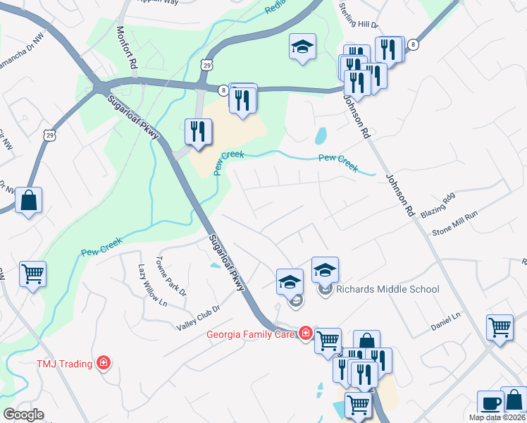 map of restaurants, bars, coffee shops, grocery stores, and more near 416 Flagler Court Southwest in Lawrenceville