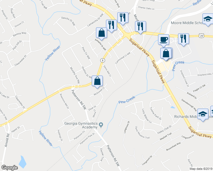 map of restaurants, bars, coffee shops, grocery stores, and more near 1750 McDowell Court in Lawrenceville
