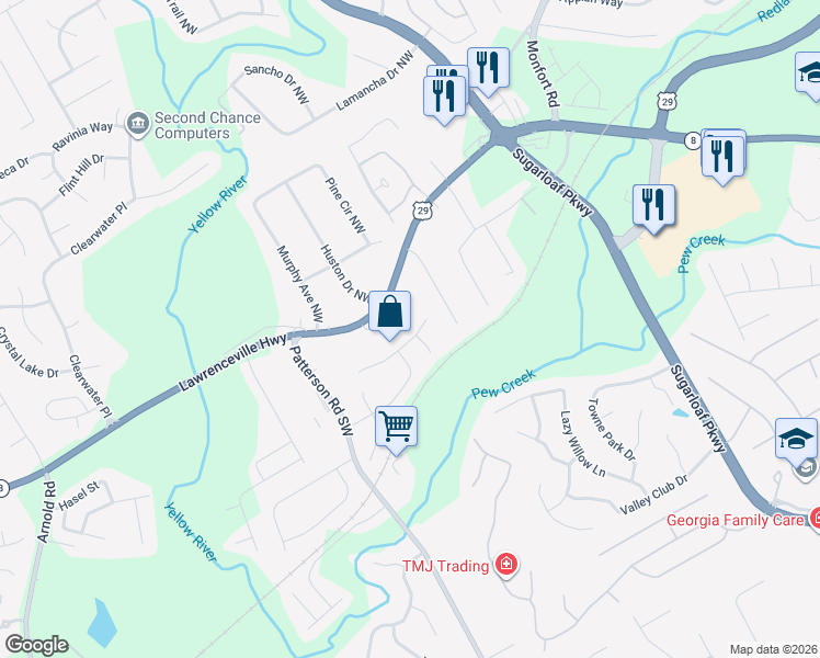 map of restaurants, bars, coffee shops, grocery stores, and more near 1750 McDowell Court in Lawrenceville