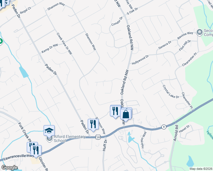 map of restaurants, bars, coffee shops, grocery stores, and more near 350 Thornberry Court in Lawrenceville
