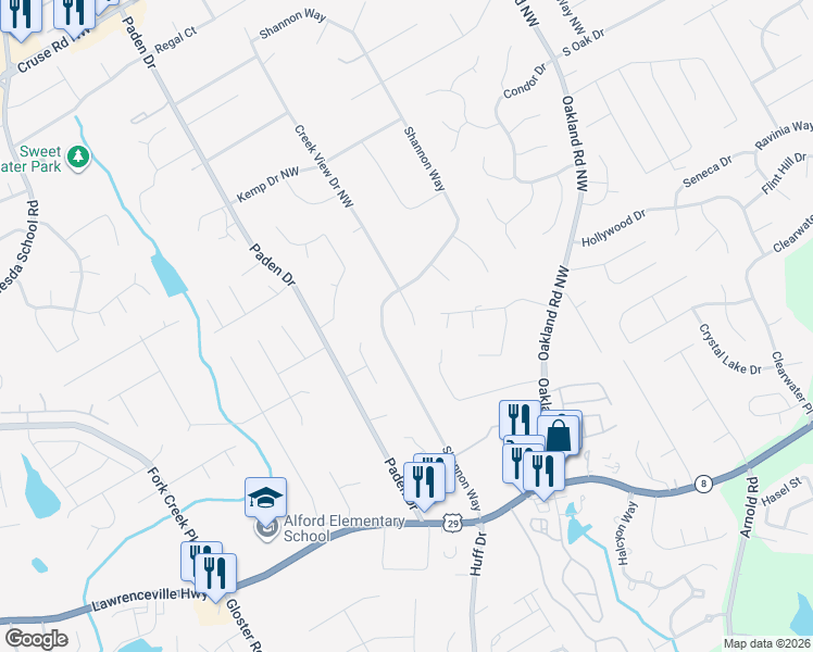 map of restaurants, bars, coffee shops, grocery stores, and more near 436 Shannon Way in Lawrenceville