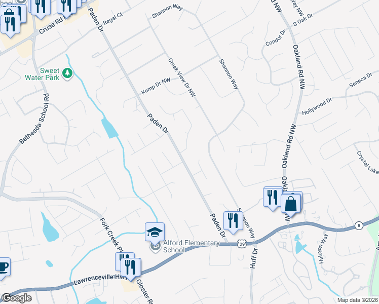 map of restaurants, bars, coffee shops, grocery stores, and more near 468 Padens Valley Court in Lawrenceville