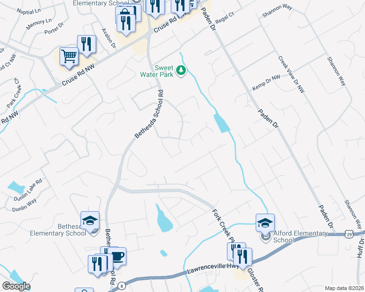 map of restaurants, bars, coffee shops, grocery stores, and more near 615 Wyndham Place Circle Northwest in Lawrenceville