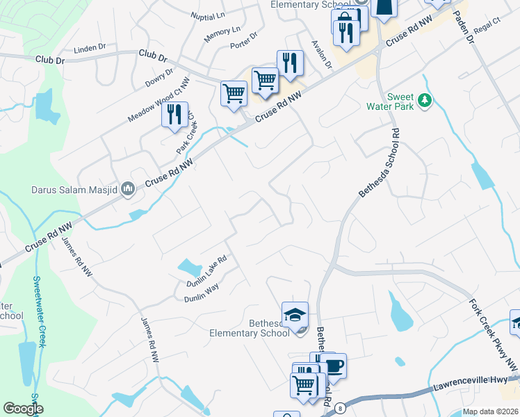 map of restaurants, bars, coffee shops, grocery stores, and more near 2921 Dunlin Court in Lawrenceville