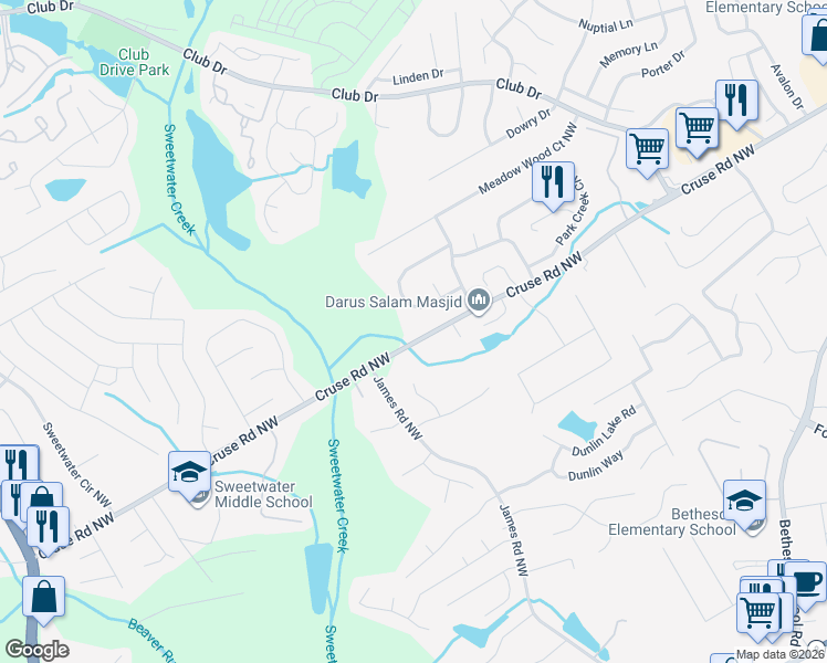 map of restaurants, bars, coffee shops, grocery stores, and more near 3169 Cruse Road Northwest in Lawrenceville