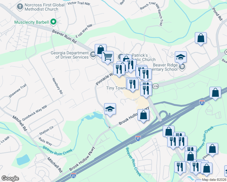 map of restaurants, bars, coffee shops, grocery stores, and more near 5309 Pinnacle Peak Lane in Norcross
