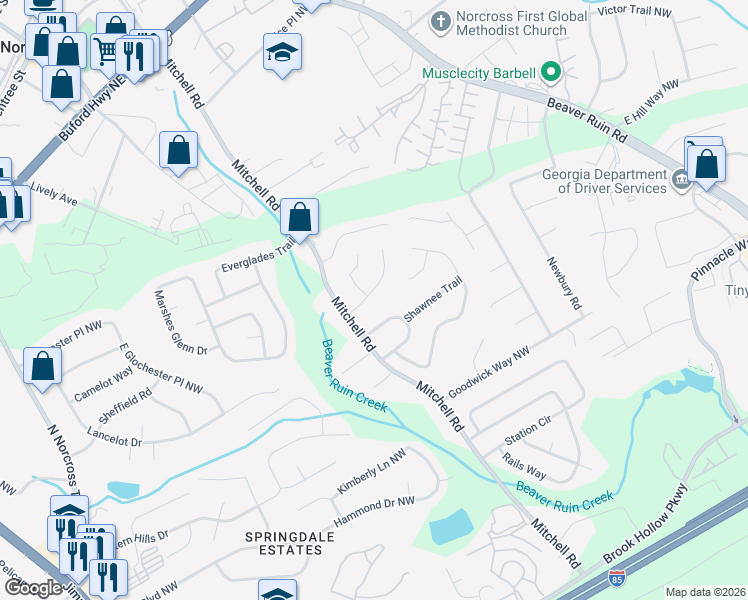 map of restaurants, bars, coffee shops, grocery stores, and more near 5594 Ballard Way in Norcross