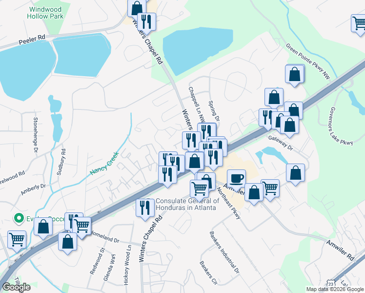 map of restaurants, bars, coffee shops, grocery stores, and more near 2924 Wintercrest Way in Dunwoody