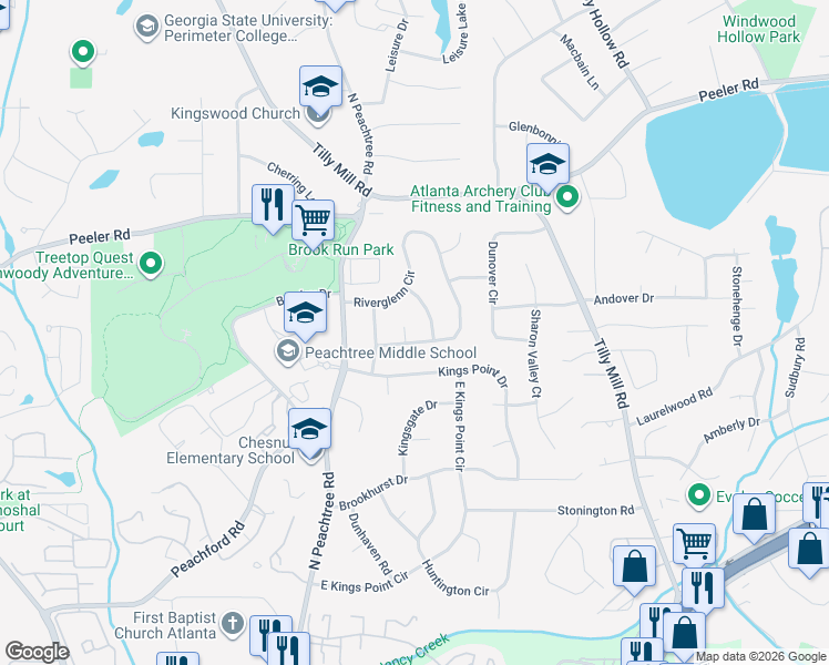 map of restaurants, bars, coffee shops, grocery stores, and more near 2327 Riverglenn Circle in Dunwoody
